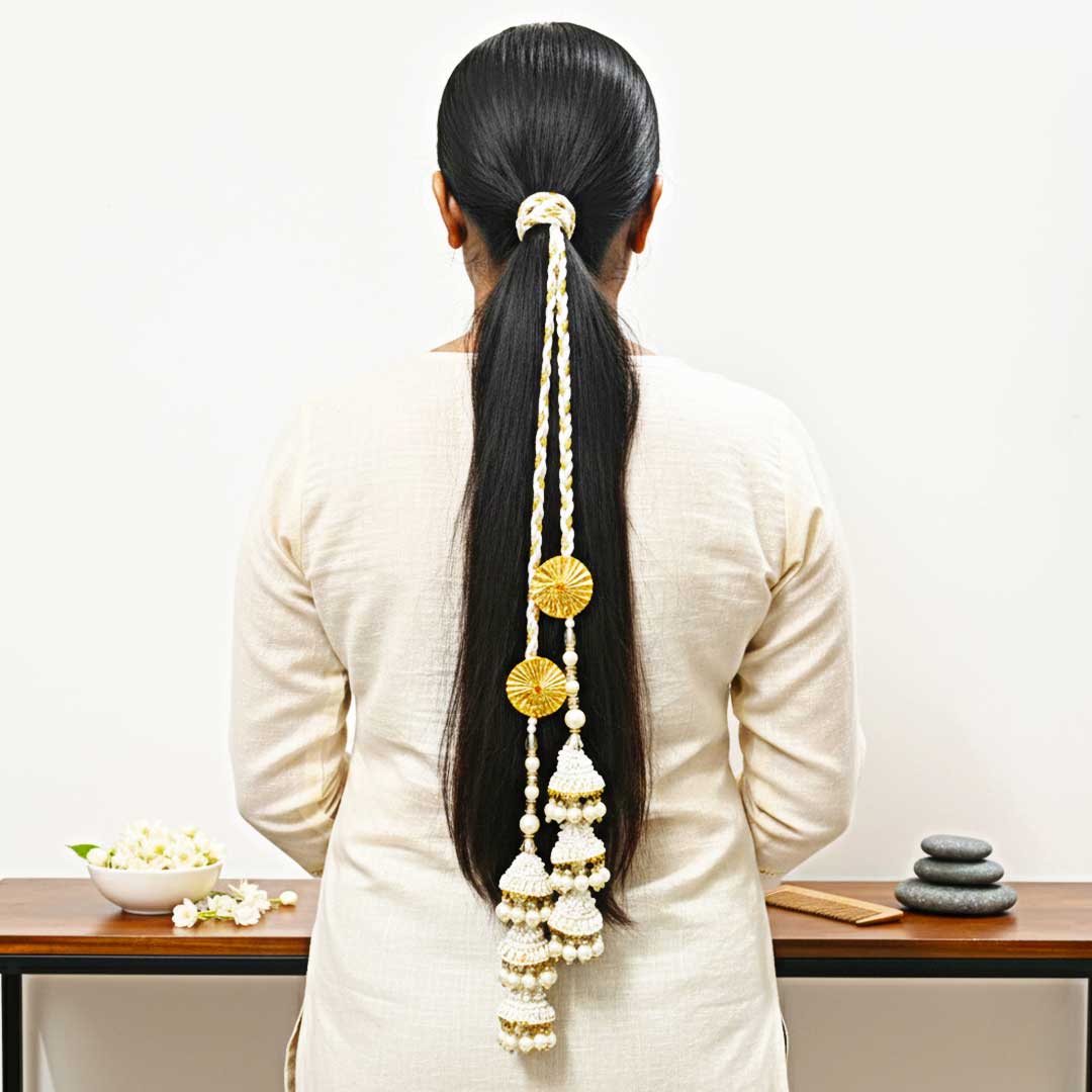 Cream & Gold Handmade Cone Tassel Parandi for Women | Ethnic & Traditional Hair Accessory