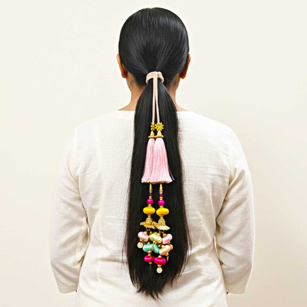 Suwasna Baby Pink Parandi with Multicolor Tassels for Women | Ethnic & Traditional Hair Accessory C