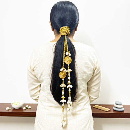 Suwasna Natural Sea Shell & Gold Braided Parandi for Women | Ethnic & Traditional Hair Accessory