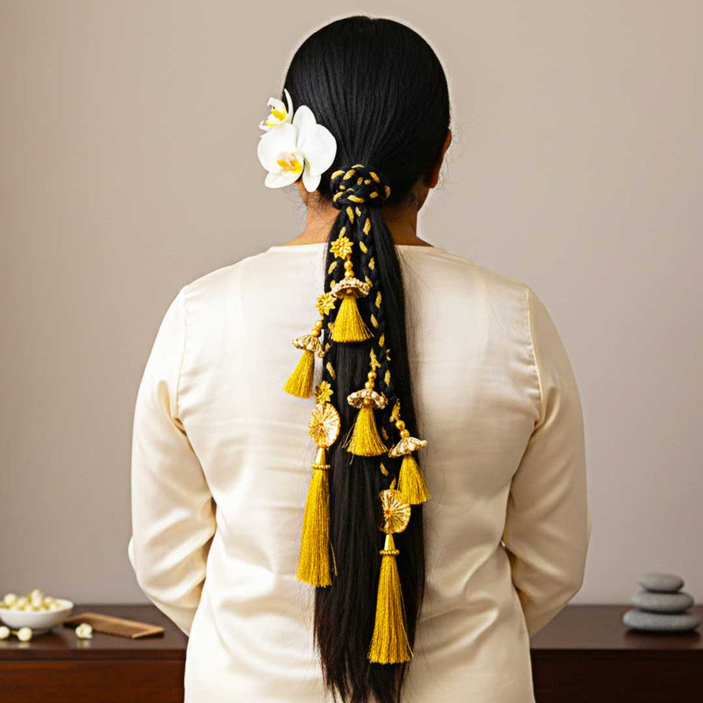 Suwasna Black & Gold Multi Tassel Parandi for Women | Ethnic & Traditional Hair Accessory