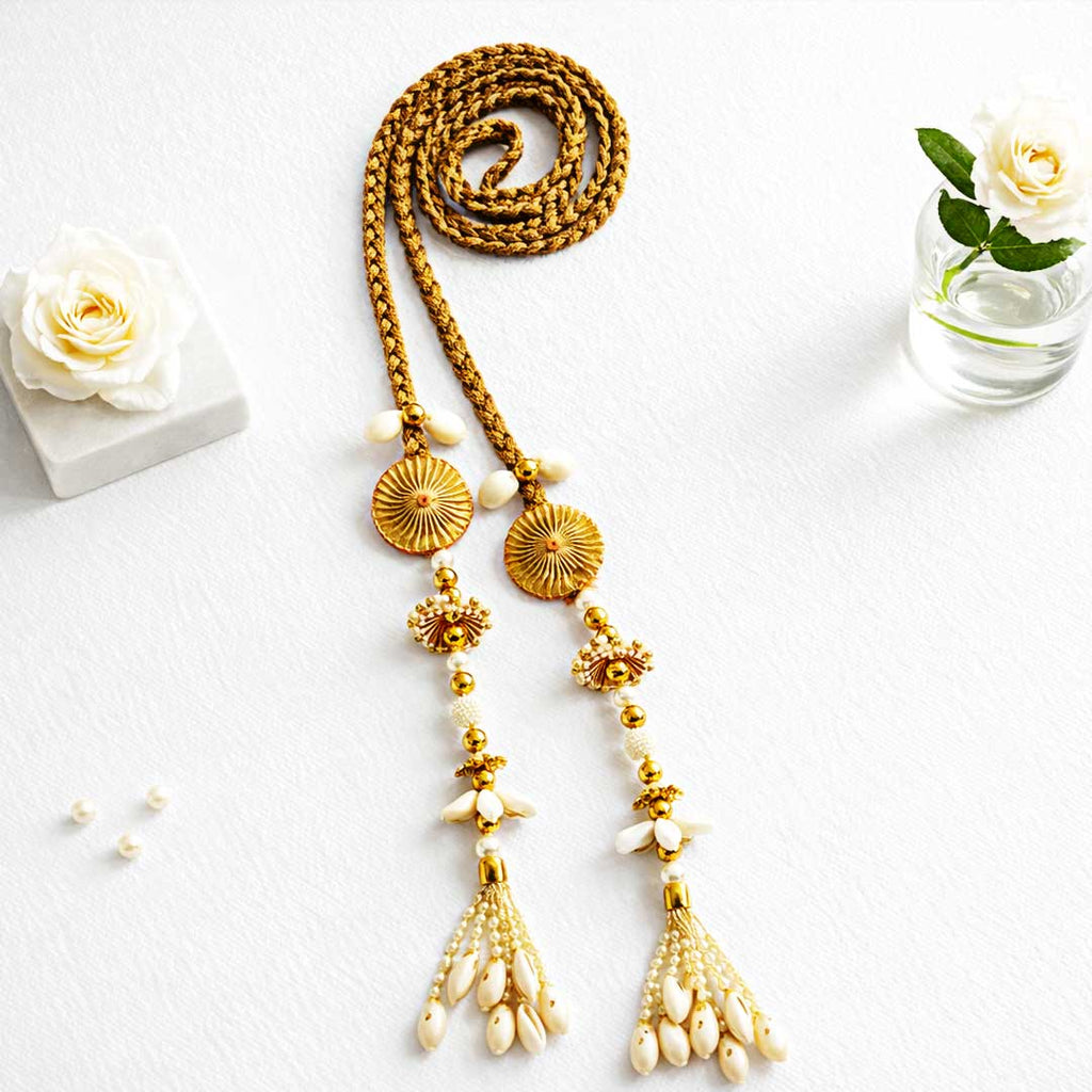 Suwasna Natural Sea Shell & Gold Braided Parandi for Women | Ethnic & Traditional Hair Accessory C