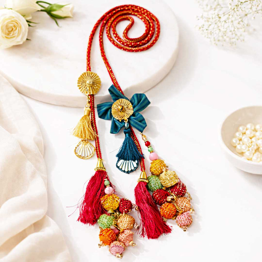 Blue Big Flower Parandi with Multicolor Crochet Weaving Tassels for Women | Ethnic & Traditional Hair Accessory A