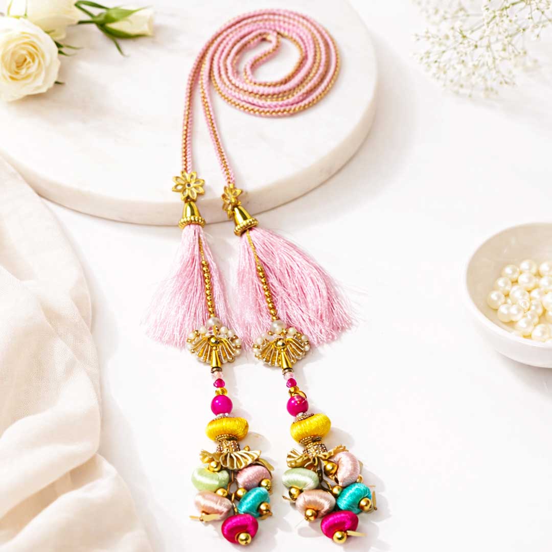 Suwasna Baby Pink Parandi with Multicolor Tassels for Women | Ethnic & Traditional Hair Accessory