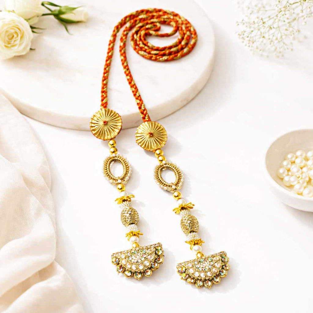 Suwasna Red & Gold Crystal Jhumka Tassel Parandi | Traditional Ethnic Hair Accessory