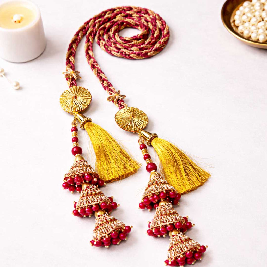 Suwasna Rani Pink 3-Cone Parandi with Gold Tassels for Women | Ethnic & Traditional Hair Accessory B