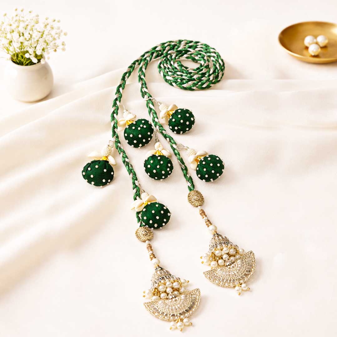 Suwasna Emerald Green Beaded Tassel Parandi with Pearl & Kundan Accents | Traditional Hair Accessory