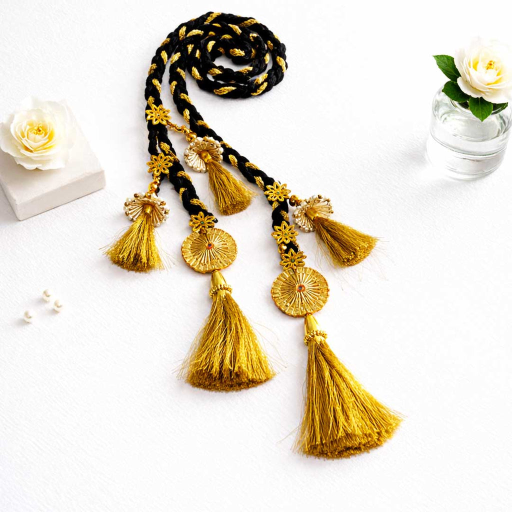 Suwasna Black & Gold Multi Tassel Parandi for Women | Ethnic & Traditional Hair Accessory