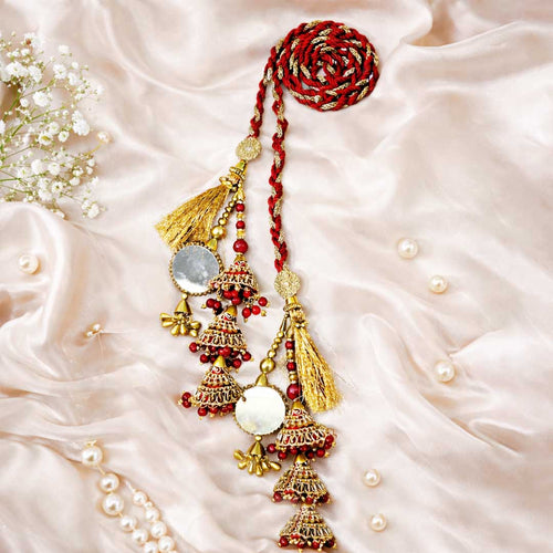 Suwasna Red Cone Parandi with Large Round Mirror Hanging for Women | Ethnic & Traditional Hair Accessory