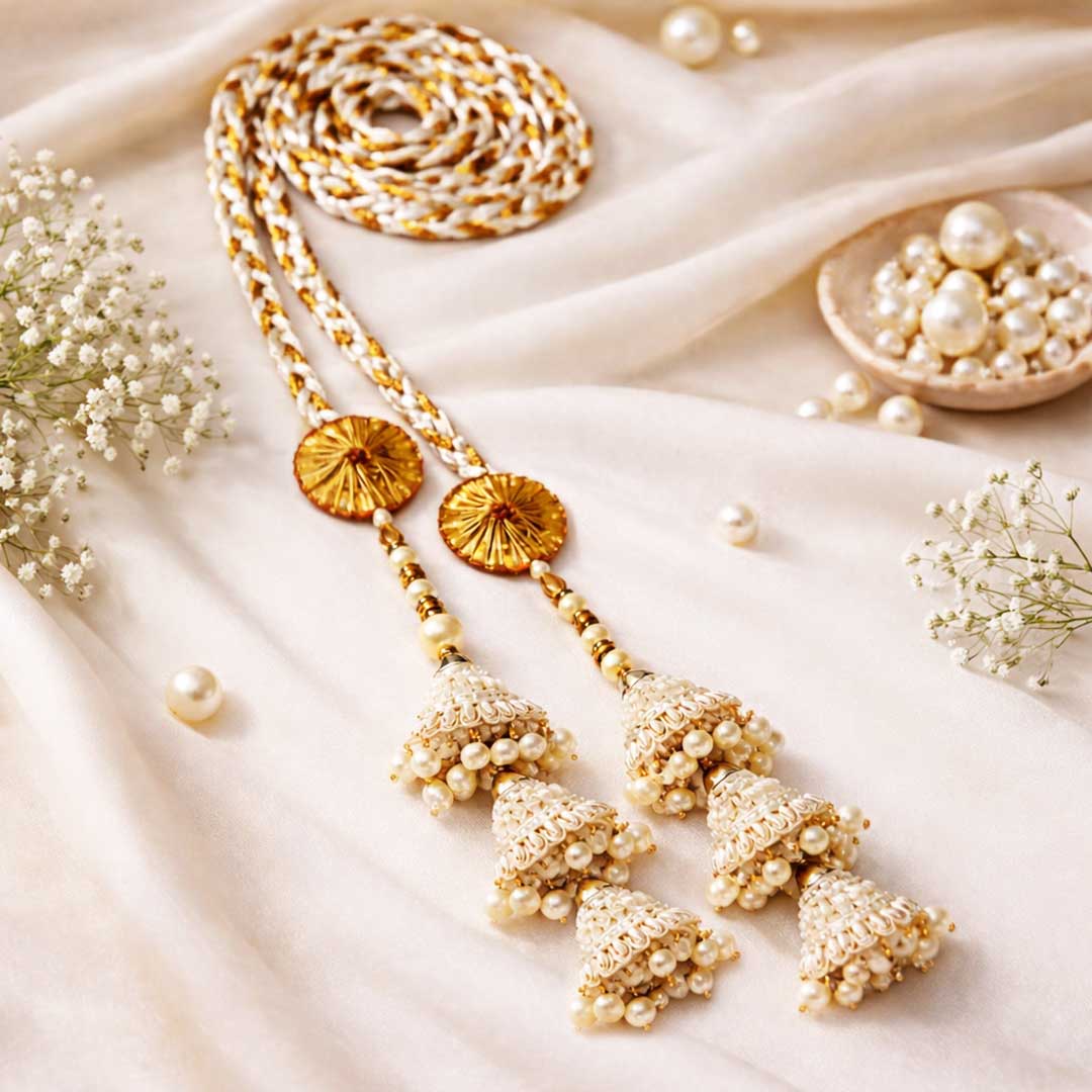 Cream & Gold Handmade Cone Tassel Parandi for Women | Ethnic & Traditional Hair Accessory