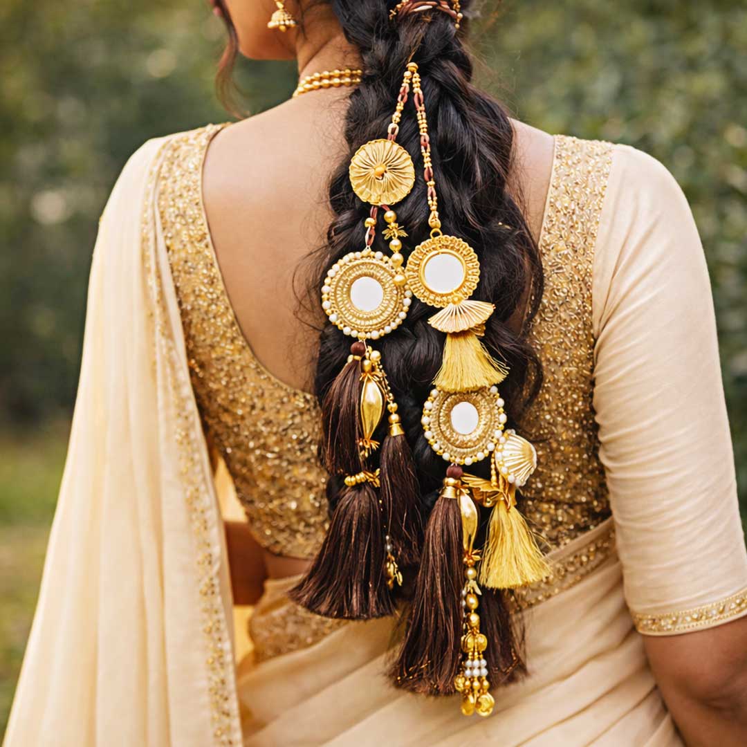Suwasna Brown & Gold Tassel Parandi for Women | Ethnic & Traditional Hair Accessory