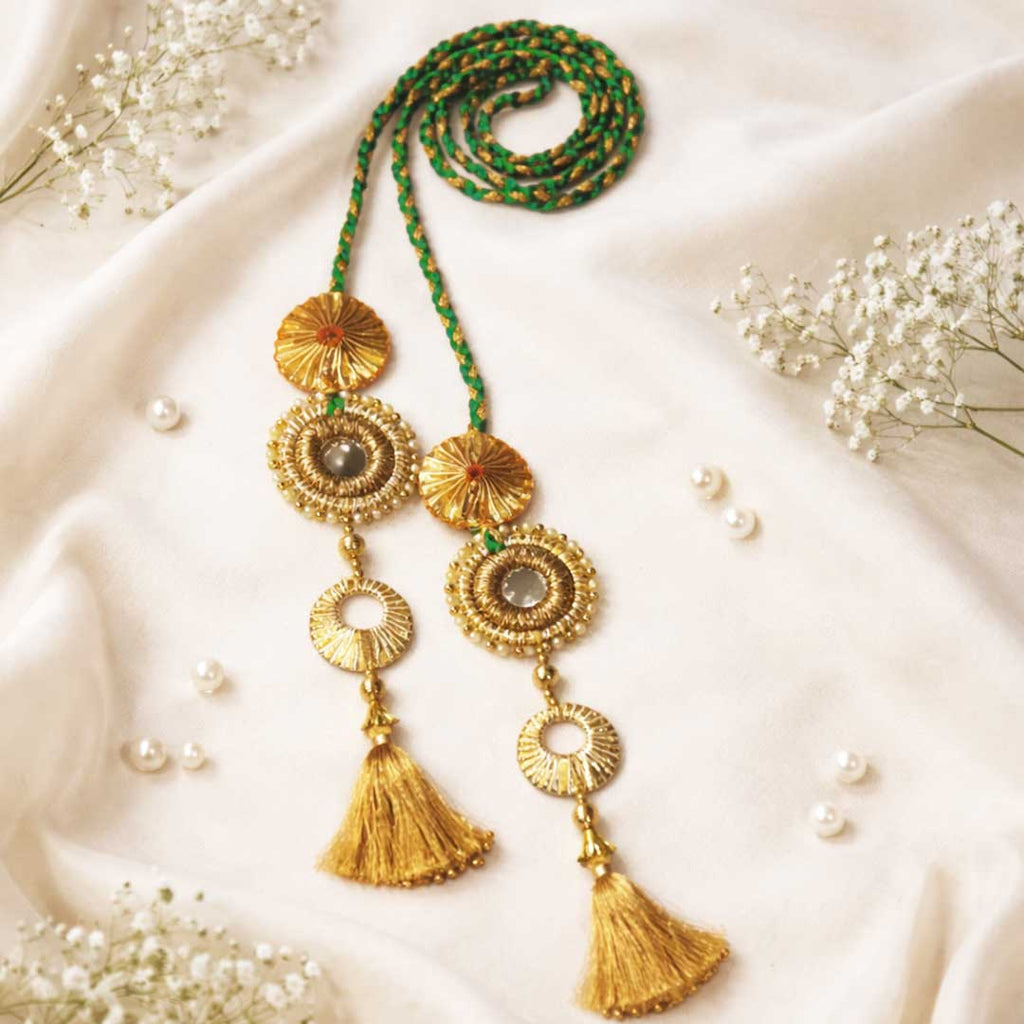 Suwasna Emerald Green & Gold Mirror Tassel Parandi with Pearl Accents | Ethnic Hair Accessory