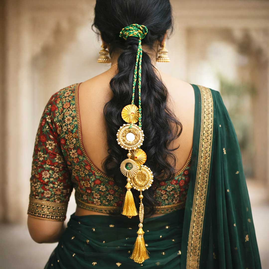 Suwasna Emerald Green & Gold Mirror Tassel Parandi with Pearl Accents | Ethnic Hair Accessory