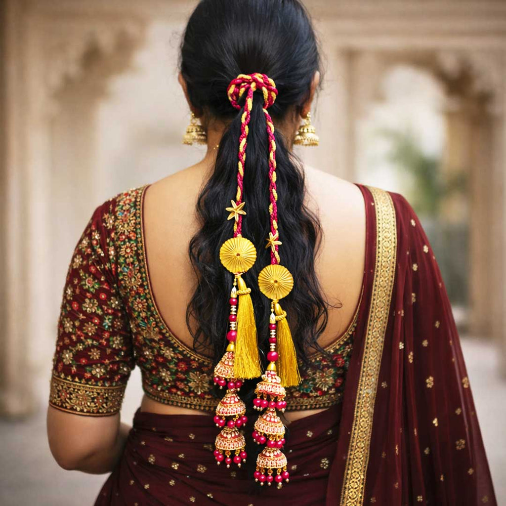 Suwasna Rani Pink 3-Cone Parandi with Gold Tassels for Women | Ethnic & Traditional Hair Accessory