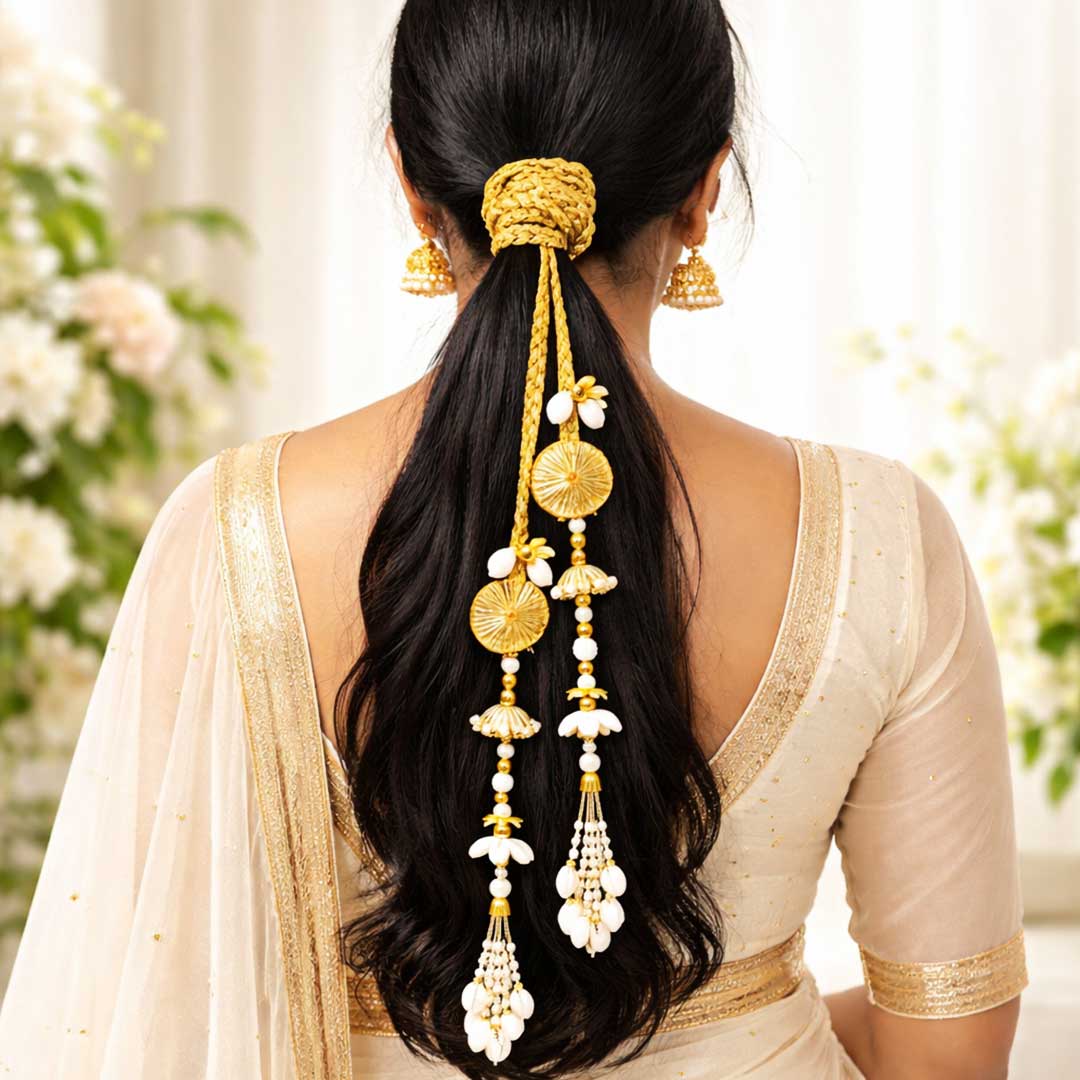 Suwasna Natural Sea Shell & Gold Braided Parandi for Women | Ethnic & Traditional Hair Accessory