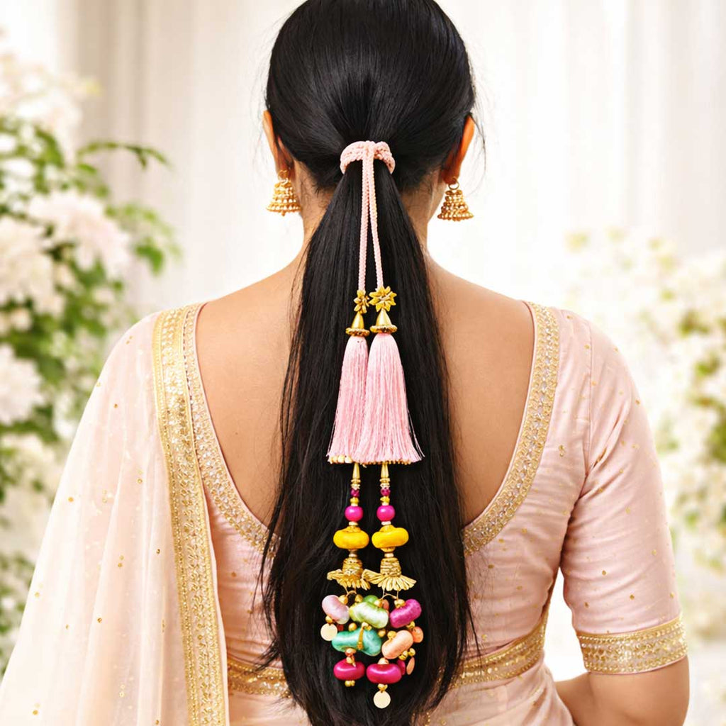 Suwasna Baby Pink Parandi with Multicolor Tassels for Women | Ethnic & Traditional Hair Accessory A