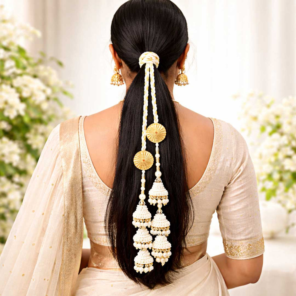 Cream & Gold Handmade Cone Tassel Parandi for Women | Ethnic & Traditional Hair Accessory