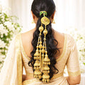 Suwasna Golden 3-Cone Jhumka Parandi with Green & Gold Braided Dori | Traditional Ethnic Hair Accessory