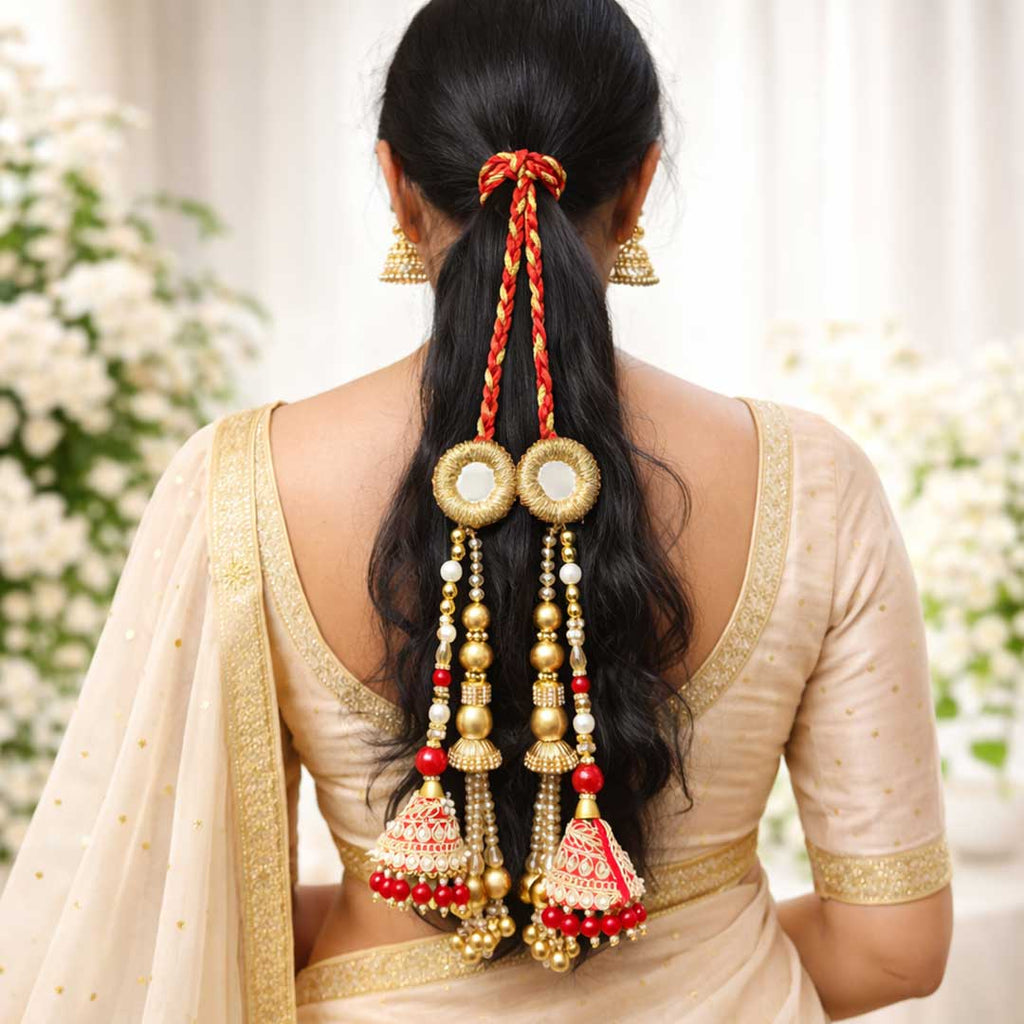 Suwasna Red & Gold Jhumka Crystal Beads Tassel Parandi | Traditional Ethnic Hair Accessory A