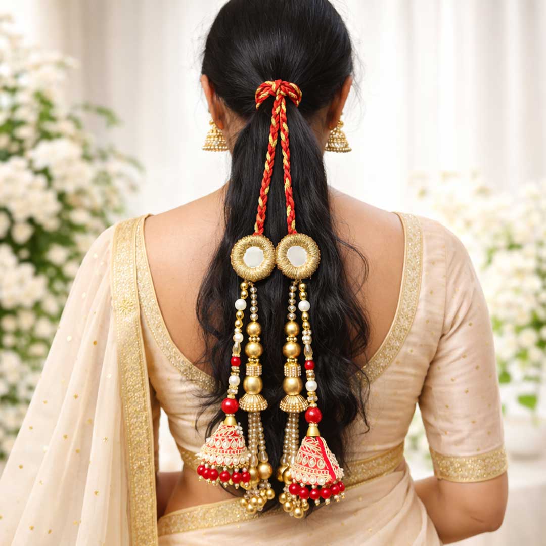 Suwasna Red & Gold Jhumka Crystal Beads Tassel Parandi | Traditional Ethnic Hair Accessory