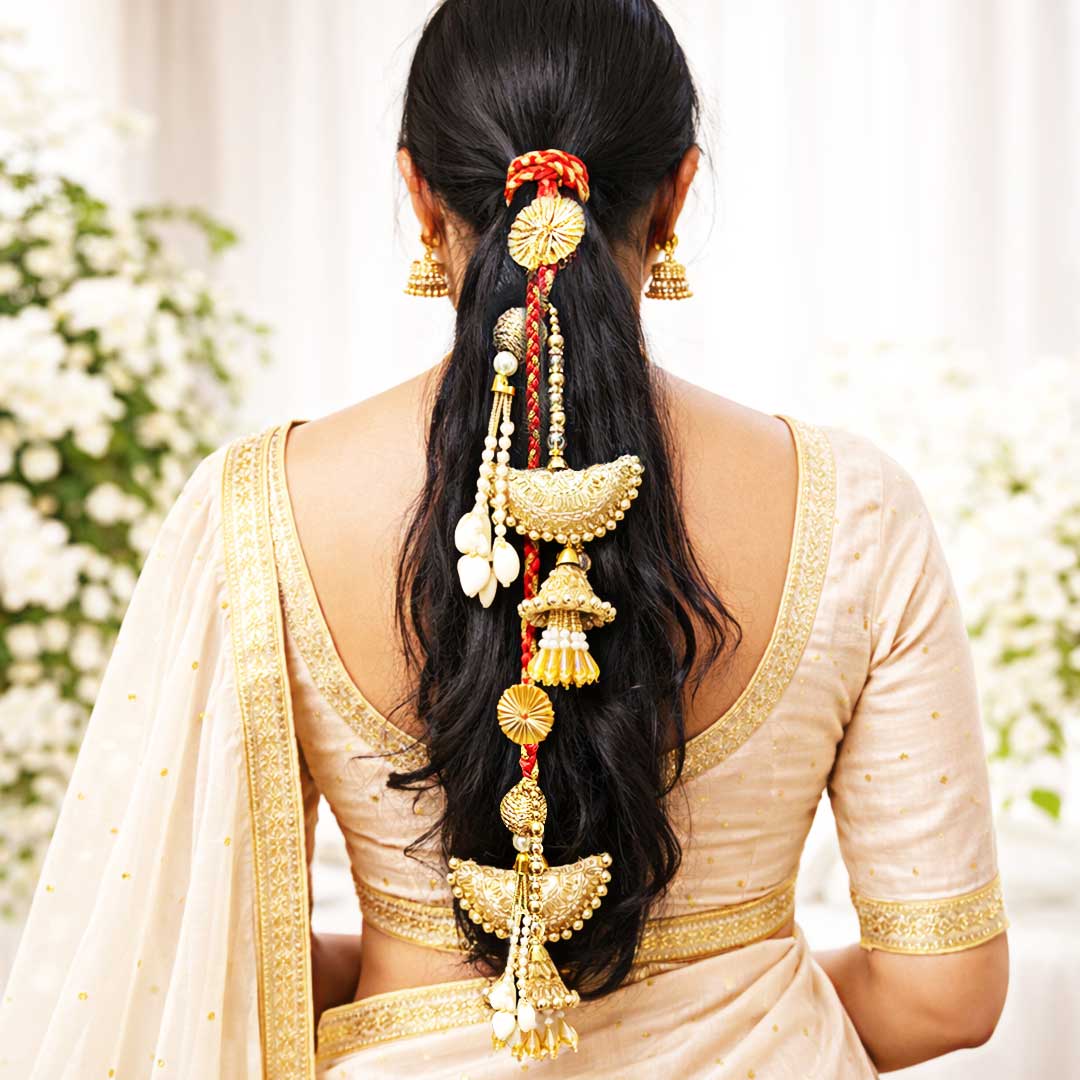 Suwasna Red & Gold Shell Jhumka Parandi with Pearl Tassels | Traditional Ethnic Hair Accessory
