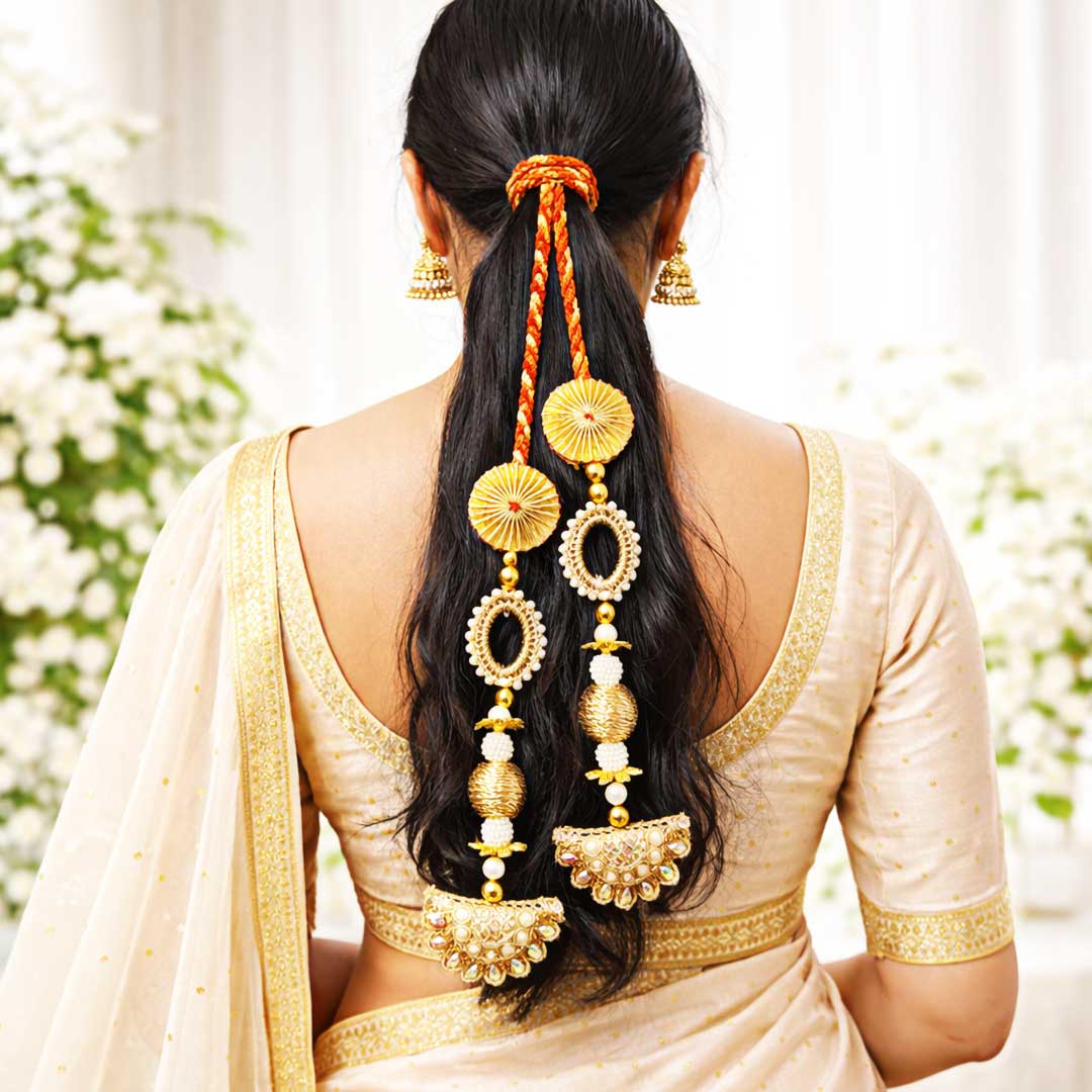 Suwasna Red & Gold Crystal Jhumka Tassel Parandi | Traditional Ethnic Hair Accessory