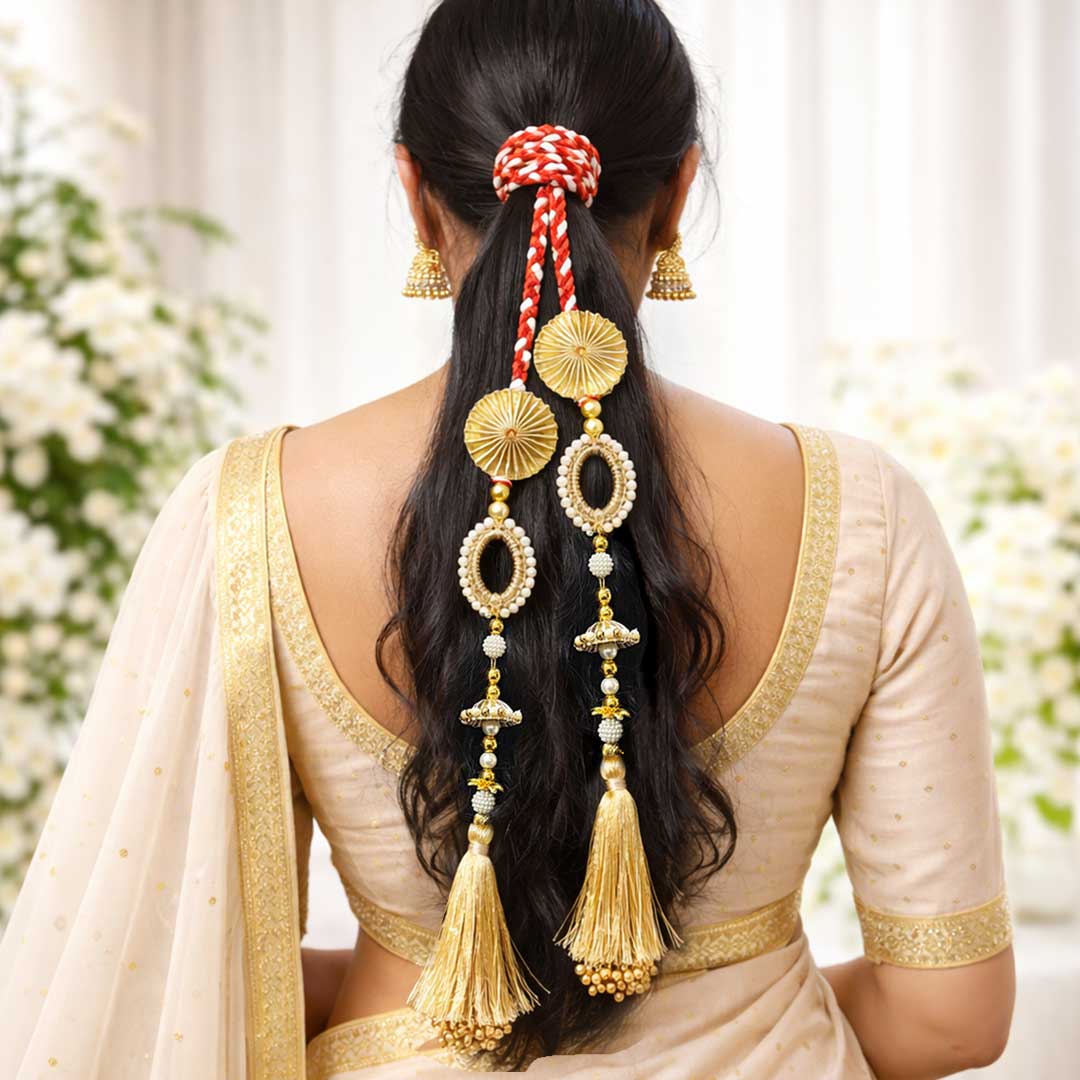 Suwasna Red & Antique Gold Pearl Jhumka Parandi | Bridal Hair Ornament
