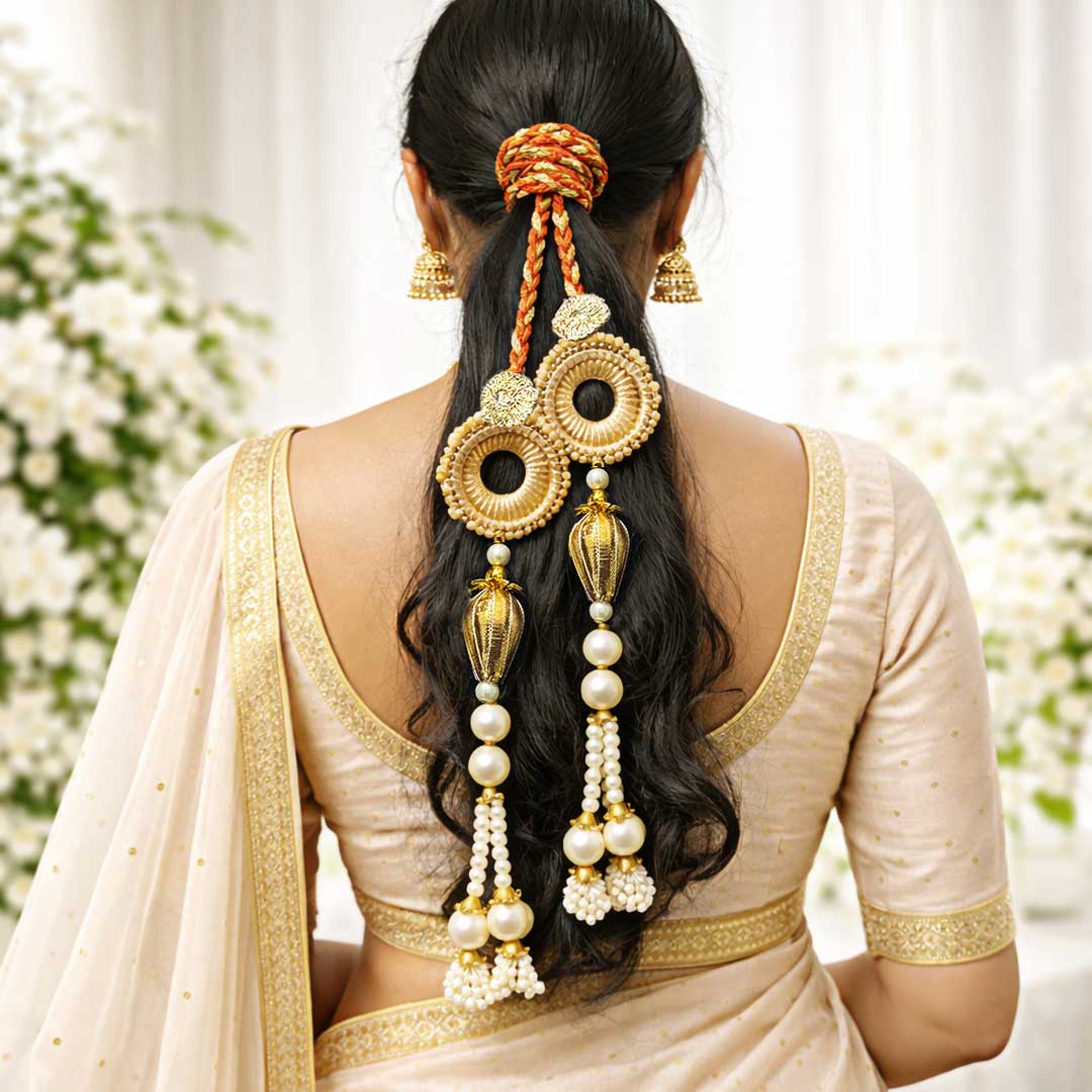 Suwasna Red & Gold Pearl Tassel Parandi | Traditional Ethnic Hair Accessory