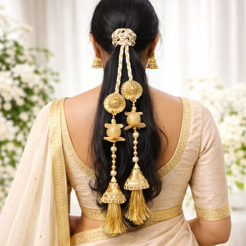 Suwasna White & Gold Jhumka Tassel Parandi | Traditional Ethnic Hair Accessory