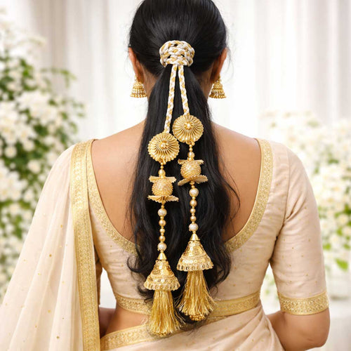Suwasna White & Gold Jhumka Tassel Parandi | Traditional Ethnic Hair Accessory A