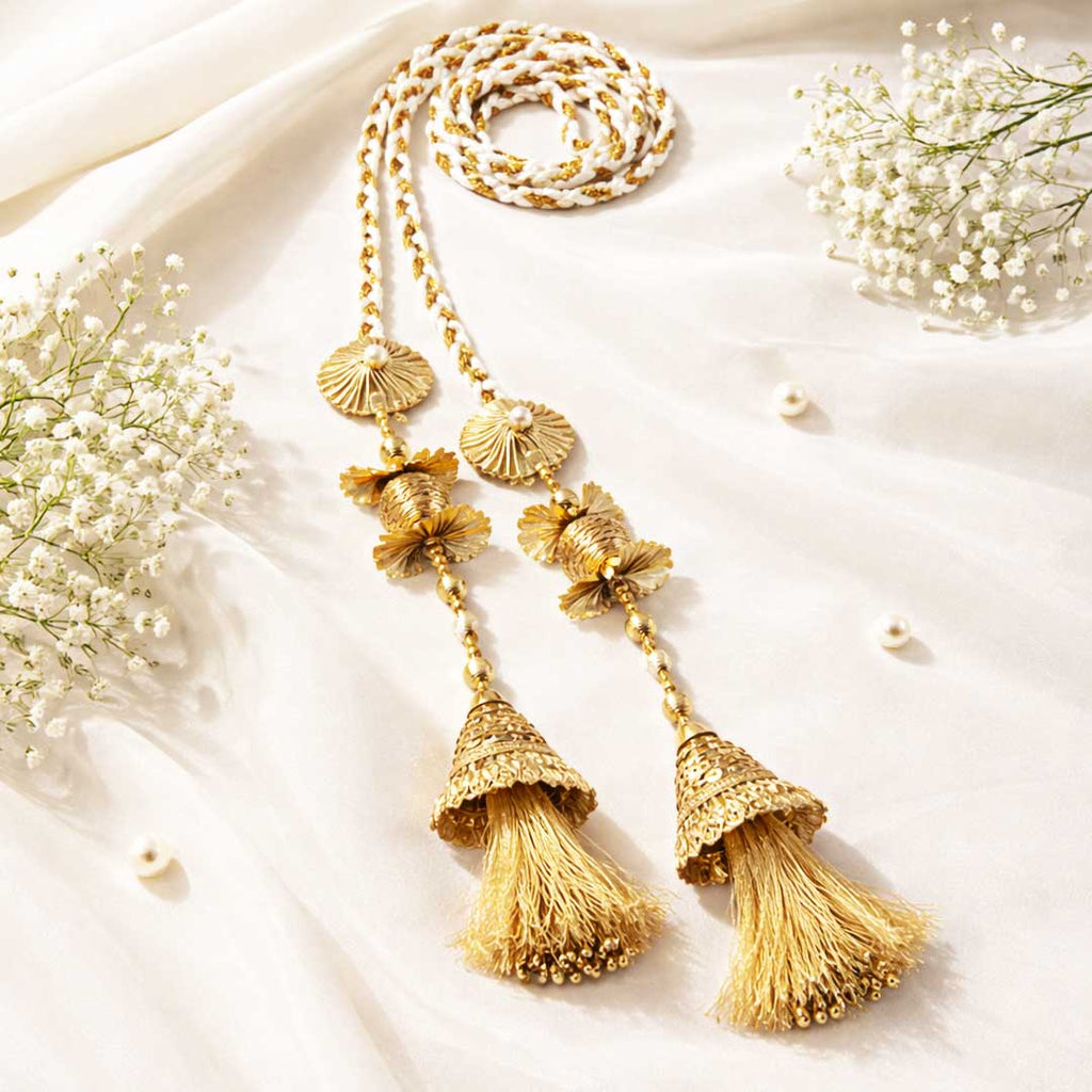 Suwasna White & Gold Jhumka Tassel Parandi | Traditional Ethnic Hair Accessory