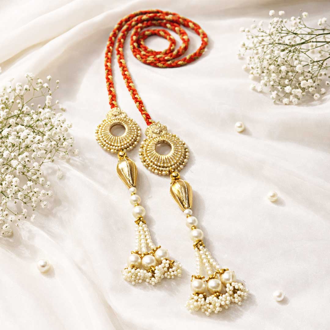 Suwasna Red & Gold Pearl Tassel Parandi | Traditional Ethnic Hair Accessory