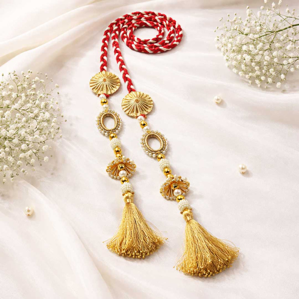Suwasna Red & Antique Gold Pearl Jhumka Parandi | Bridal Hair Ornament