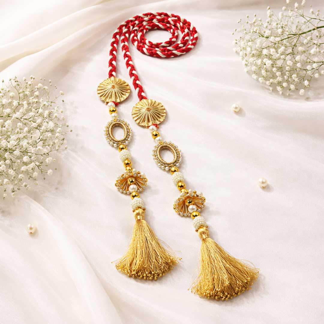 Suwasna Red & Antique Gold Pearl Jhumka Parandi | Bridal Hair Ornament