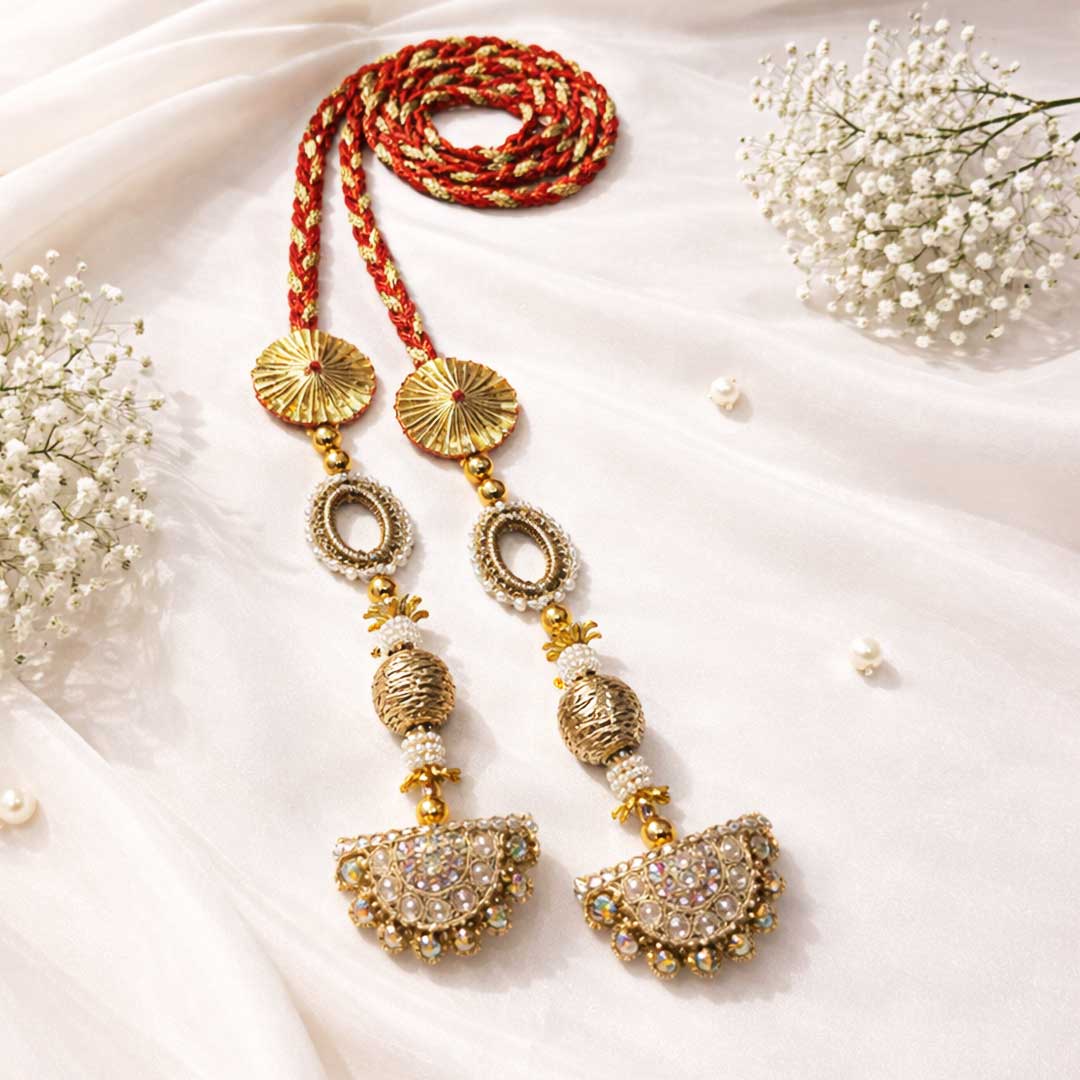 Suwasna Red & Gold Crystal Jhumka Tassel Parandi | Traditional Ethnic Hair Accessory