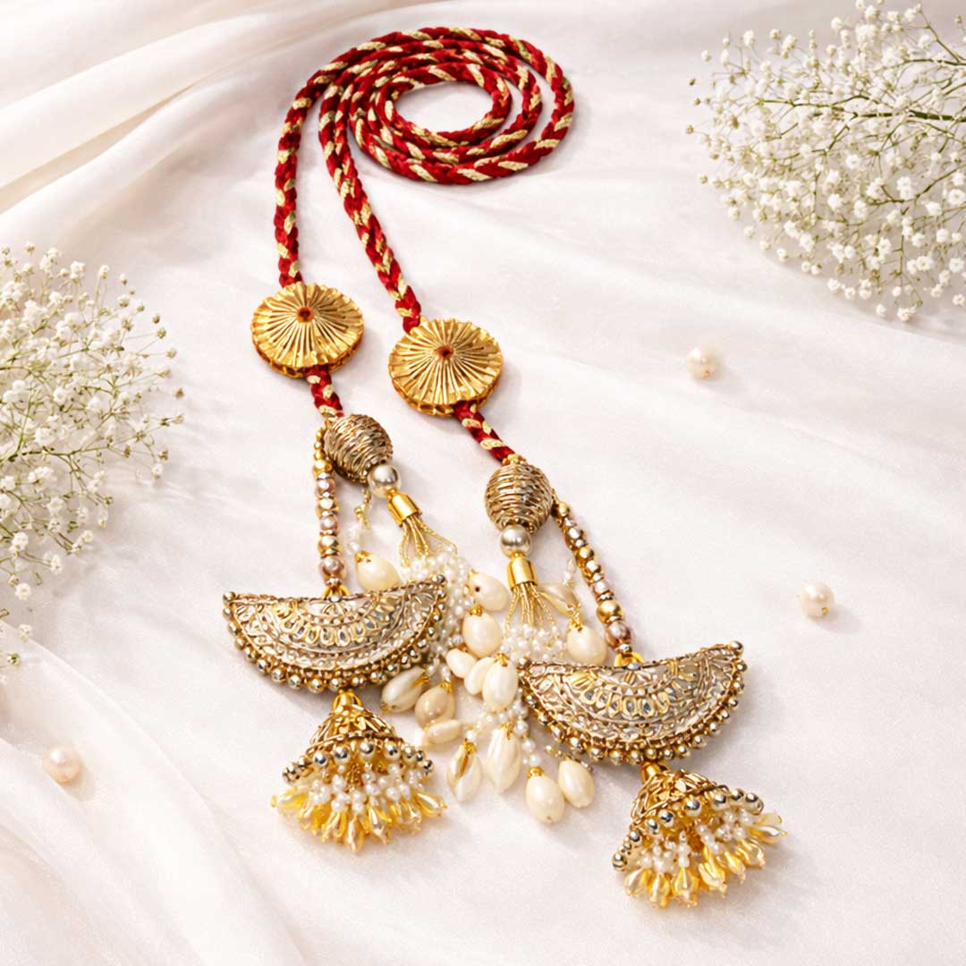 Suwasna Red & Gold Shell Jhumka Parandi with Pearl Tassels | Traditional Ethnic Hair Accessory