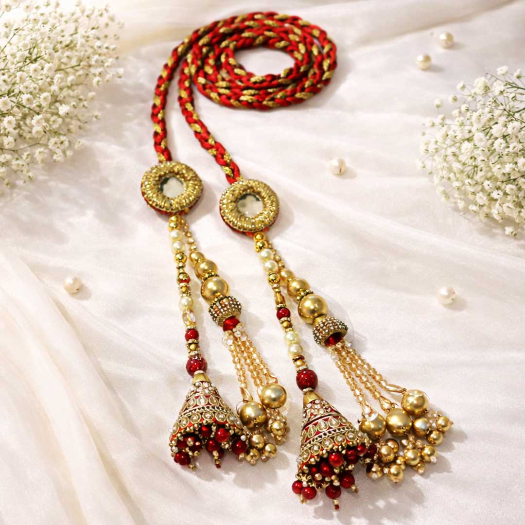 Suwasna Red & Gold Jhumka Crystal Beads Tassel Parandi | Traditional Ethnic Hair Accessory