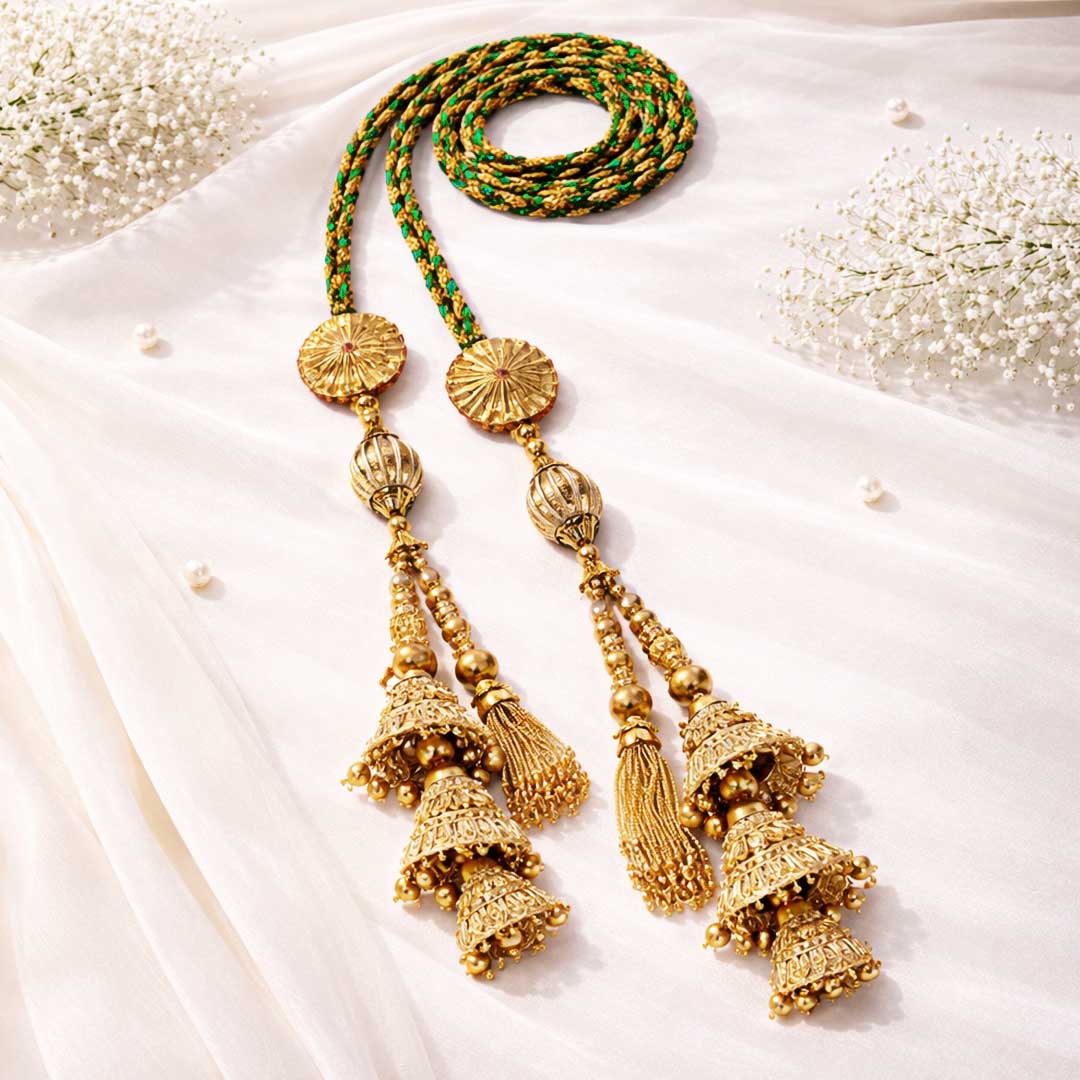 Suwasna Golden 3-Cone Jhumka Parandi with Green & Gold Braided Dori | Traditional Ethnic Hair Accessory