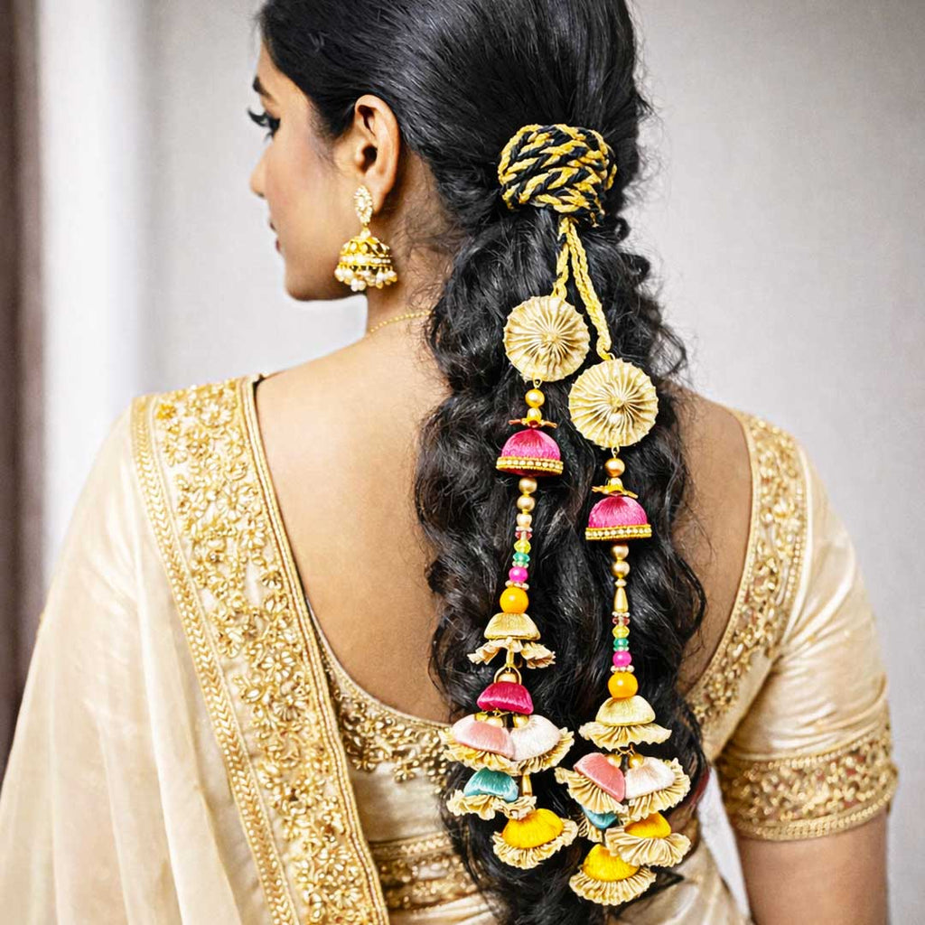 Suwasna Black & Gold Multicolor Tassel Parandi | Traditional Ethnic Hair Accessory A