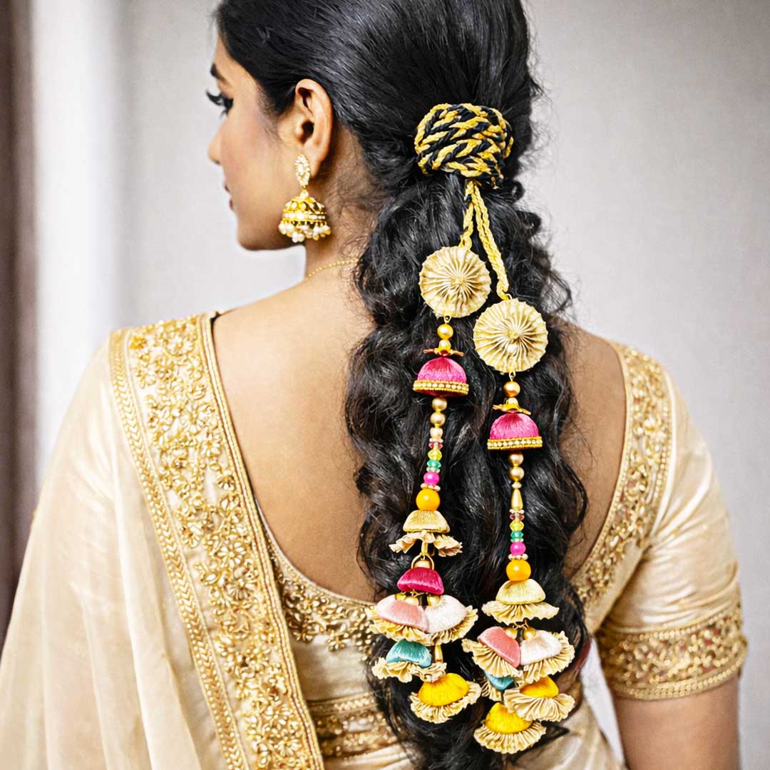 Suwasna Black & Gold Multicolor Tassel Parandi | Traditional Ethnic Hair Accessory