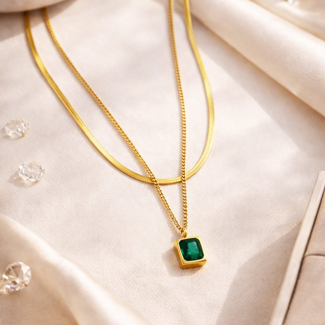 Suwasna Dual Layer Chain with Emerald Green Pendant | Timeless Anti-Tarnish Jewellery