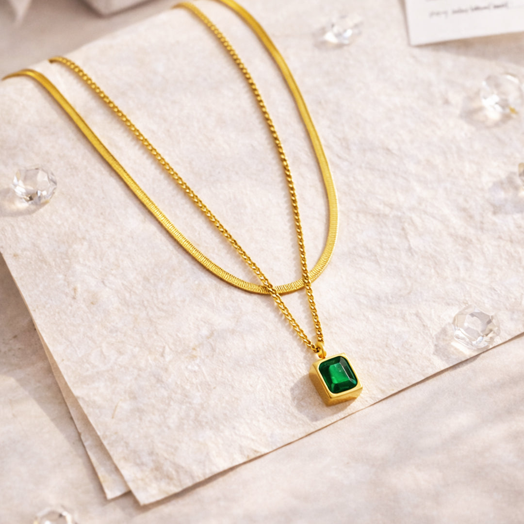Suwasna Dual Layer Chain with Emerald Green Pendant | Timeless Anti-Tarnish Jewellery