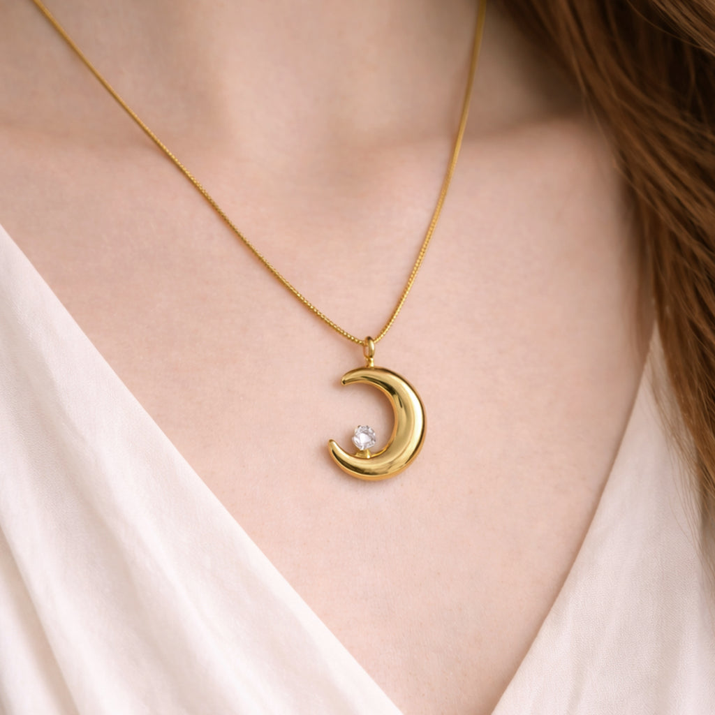 Suwasna Half Moon & Stone Pendant Necklace | Premium Anti-Tarnish Jewellery