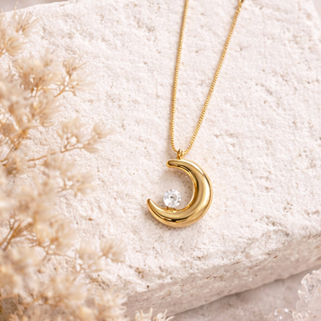 Suwasna Half Moon & Stone Pendant Necklace | Premium Anti-Tarnish Jewellery