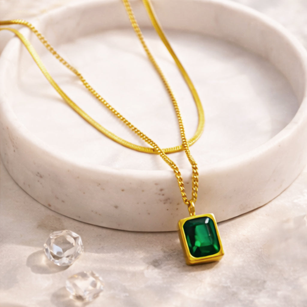 Suwasna Dual Layer Chain with Emerald Green Pendant | Timeless Anti-Tarnish Jewellery