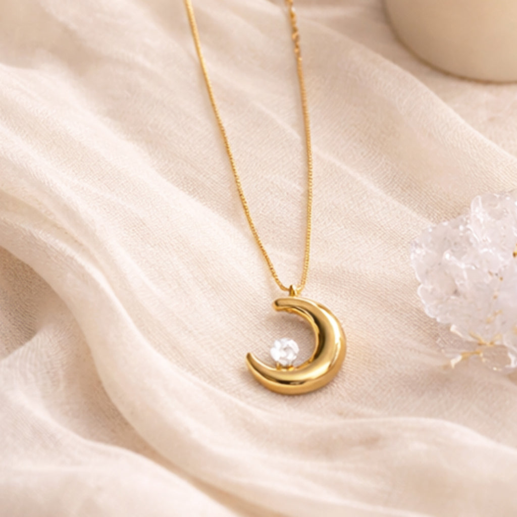 Suwasna Half Moon & Stone Pendant Necklace | Premium Anti-Tarnish Jewellery