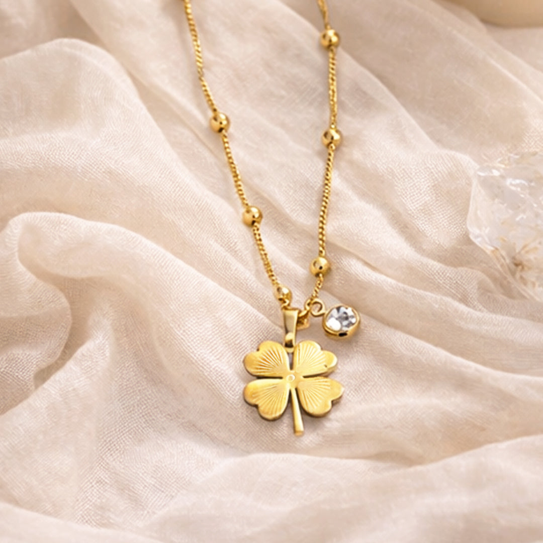 Suwasna Leaf Clover Necklace – Good Luck Charm Pendant with Beaded Chain | Premium Anti-Tarnish Jewellery