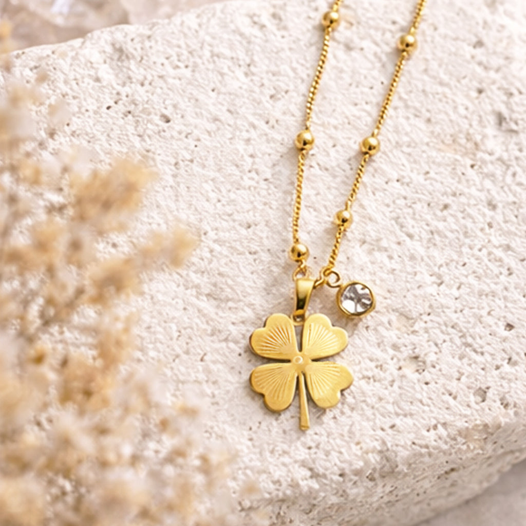 Suwasna Leaf Clover Necklace – Good Luck Charm Pendant with Beaded Chain | Premium Anti-Tarnish Jewellery