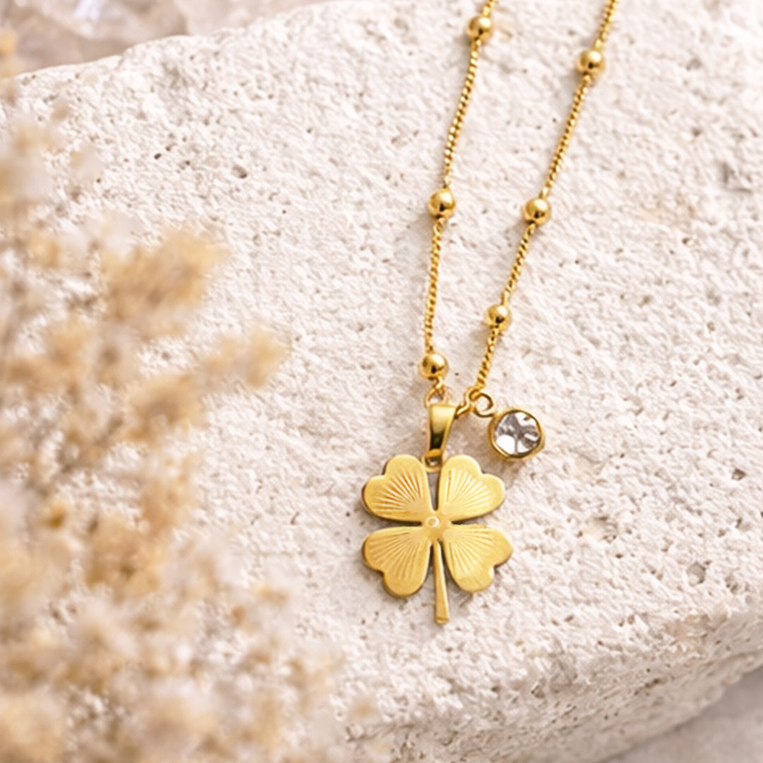 Suwasna Leaf Clover Necklace – Good Luck Charm Pendant with Beaded Chain | Premium Anti-Tarnish Jewellery