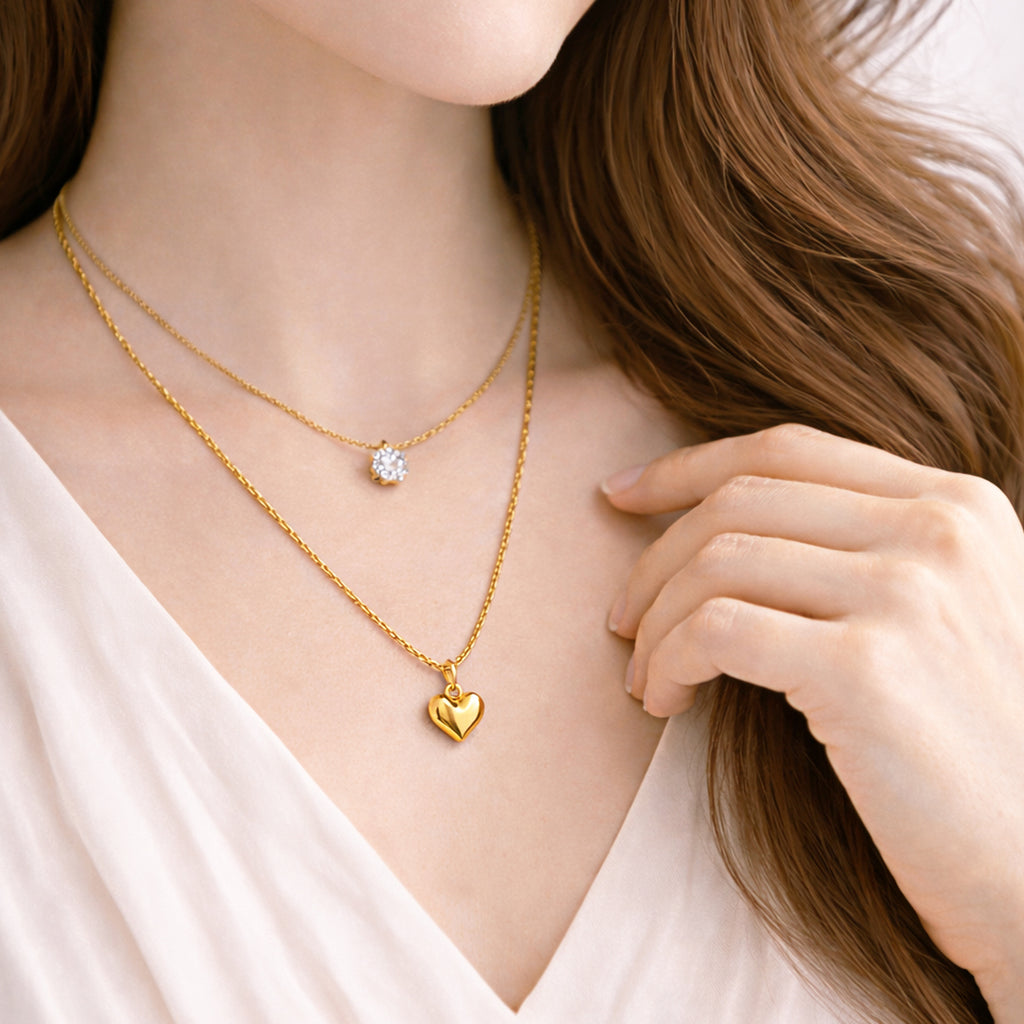 Suwasna Dual Layer Chain with White Jarkan & Heart-Shape Pendant | Timeless Anti-Tarnish Jewellery