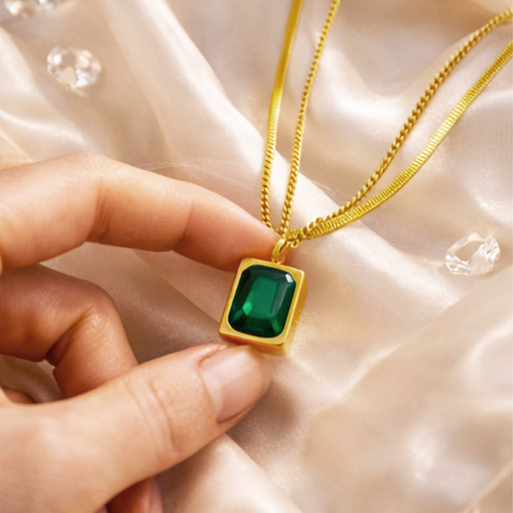 Suwasna Dual Layer Chain with Emerald Green Pendant | Timeless Anti-Tarnish Jewellery